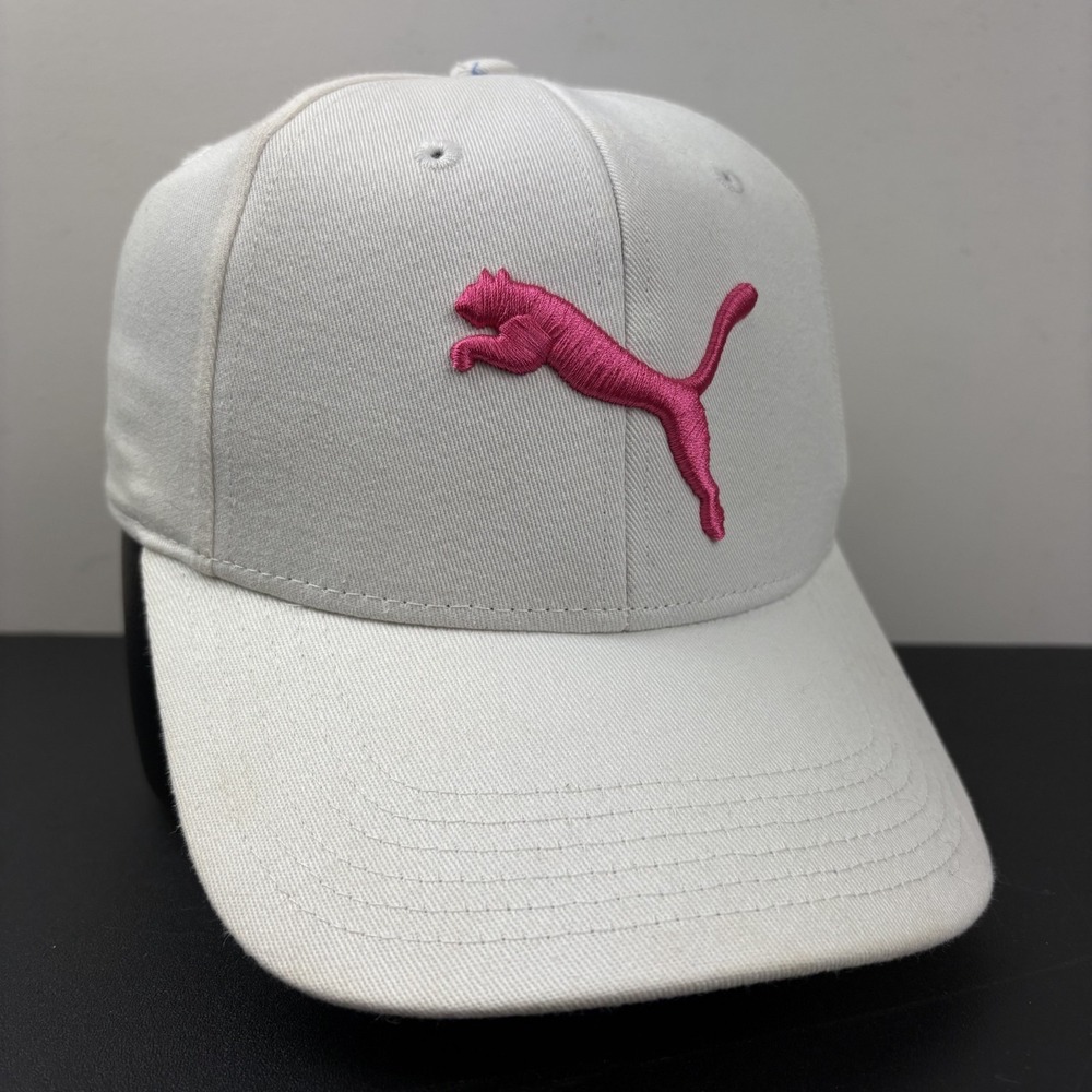 Puma Stretch Fit Hat White Magenta Pink Big Cat Logo Athletic Golf Cap OSFA